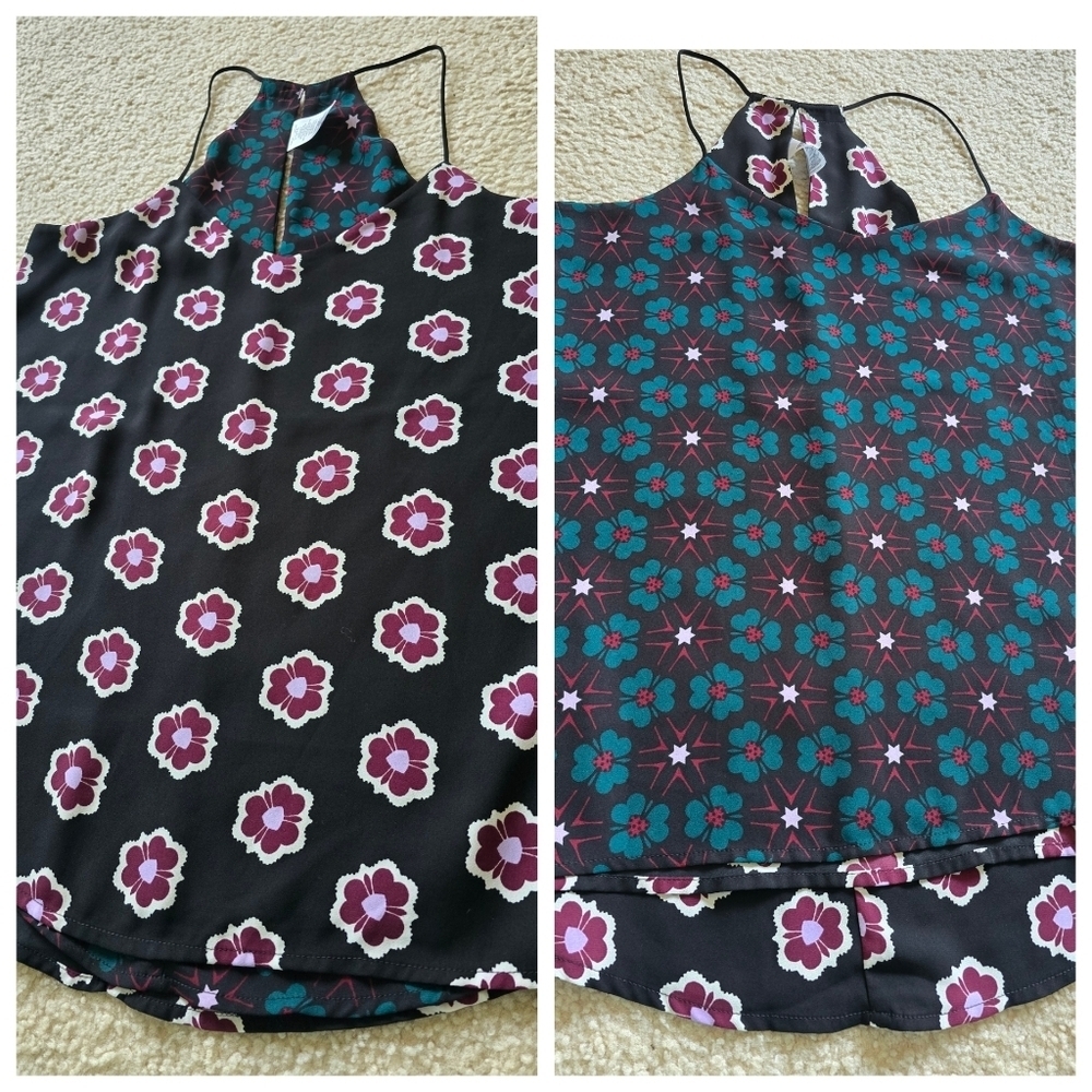 🌈 REVERSIBLE Express Barcelona Blue Green Floral Sleeveless V Neck Size Small